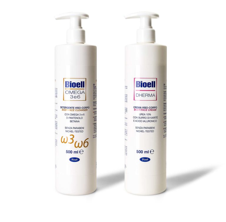 Progettazione grafica del nuovo packaging per due nuovi prodotti del marchio Bioell. Bioell Omega 3 e 6 e Bioell Dherma, detergente viso-corpo e crema viso-corpo.