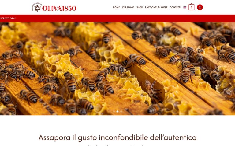 E-commerce Oliva 1850 – home page con la foto delle api sui favi, miele biologico siciliano