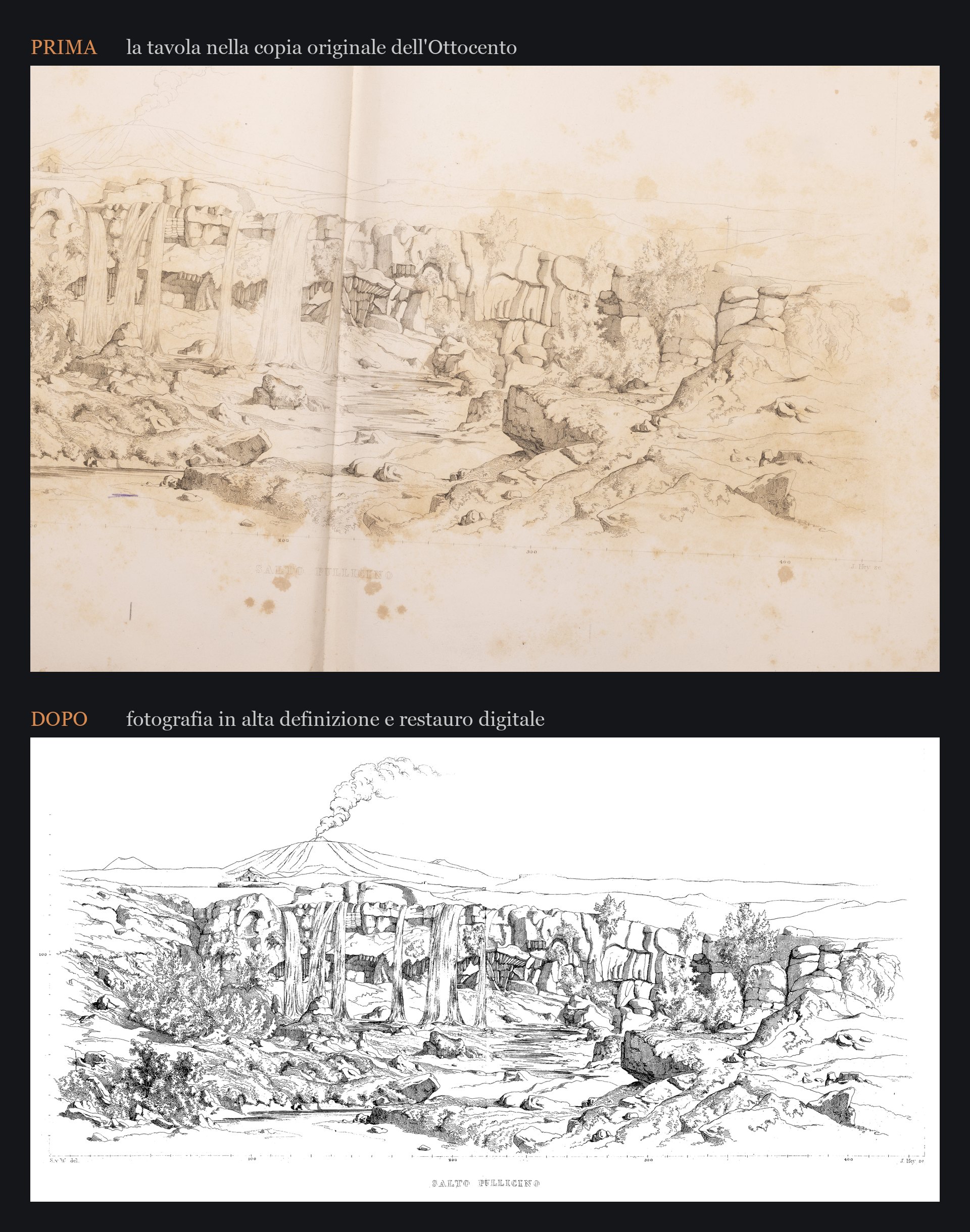 Prima e dopo il restauro digitale: la tavola del Salto Pullicino nella copia originale dell'Ottocento, con macchie del tempo, e la stessa incisione fotografata in alta definizione e restaurata