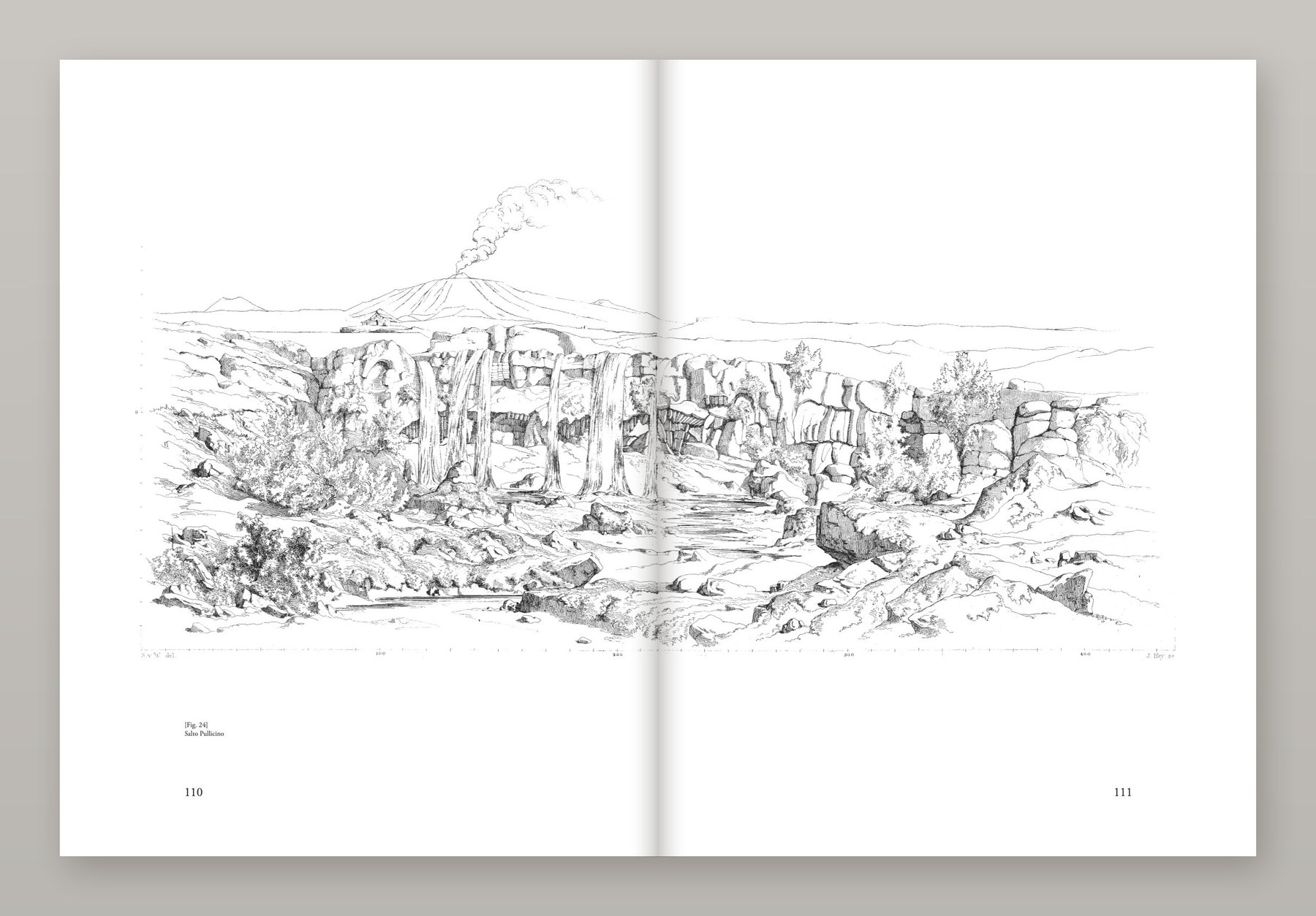 Doppia pagina del volume II de "L'Etna" con il panorama del Salto Pullicino e dell'Etna inciso, restaurato digitalmente dalla copia originale