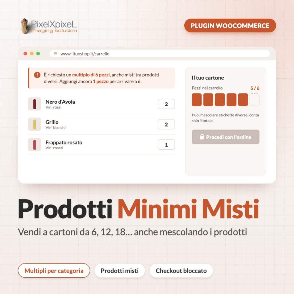 Plugin WooCommerce Prodotti Minimi Misti di PixelXpixeL: vendita a multipli di 6, 12, 18 pezzi anche mescolando prodotti diversi