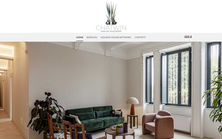 Sito web Chatwin guest house – home page con la living room della casa dei viaggiatori a Siracusa