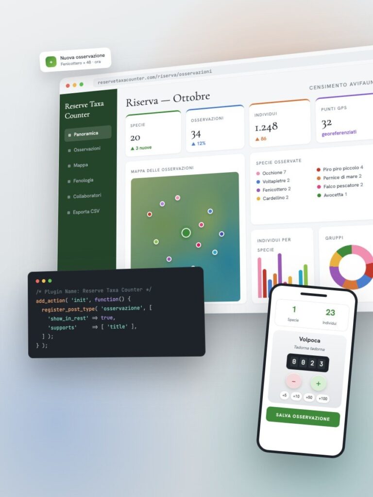 Pannello di una web app e plugin WordPress su misura sviluppati da PixelXpixeL: mappa, grafici e contatore su smartphone